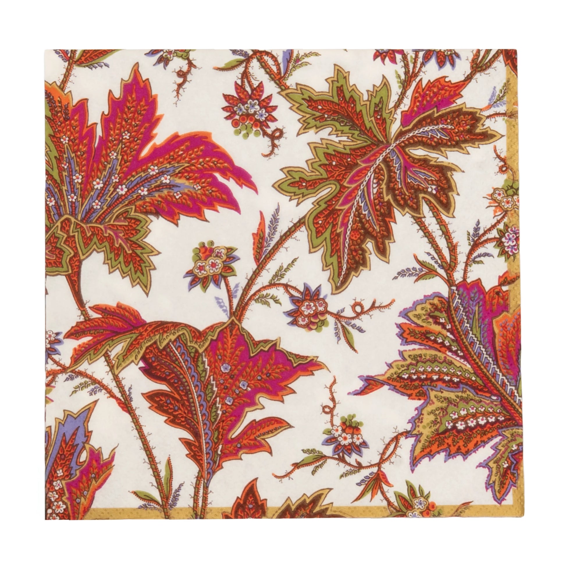Caspari’s Paisley Leaves Ivory Collection features a floral print with red, green, and purple leaves and branches on white—ideal for stylish table settings or coordinating party supplies.