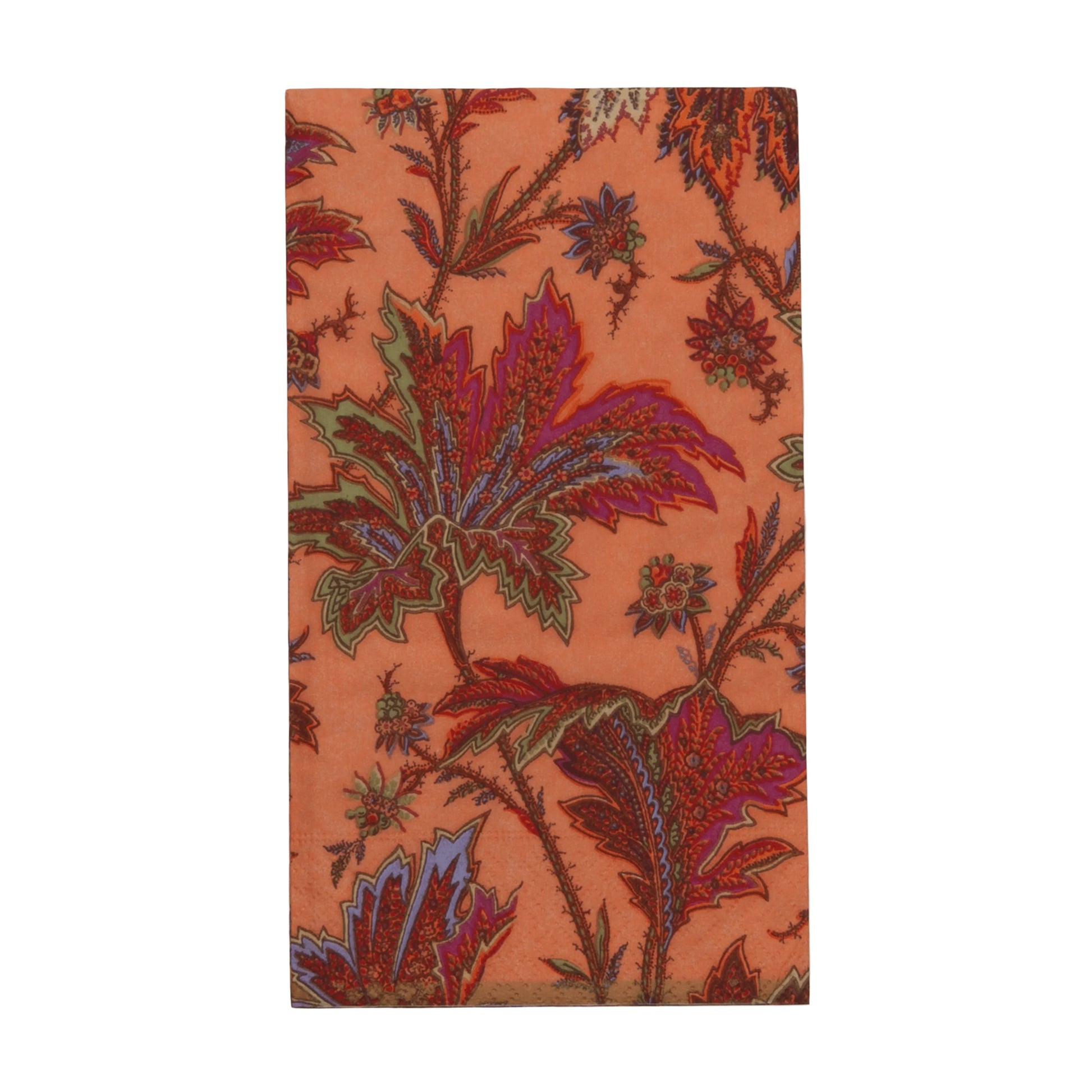 The Caspari Paisley Leaves Coral Collection features a rectangular orange fabric with intricate floral and leafy patterns in red, purple, green, and brown—ideal for elevating your table settings or party supplies.