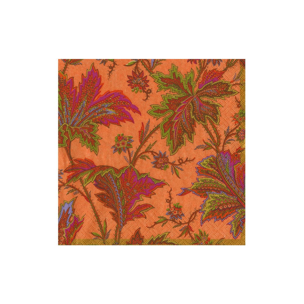 The Paisley Leaves Coral Collection napkin by Caspari features a vibrant floral and leaf design—ideal for brightening your party supplies or table settings. Shown here against a plain white background.