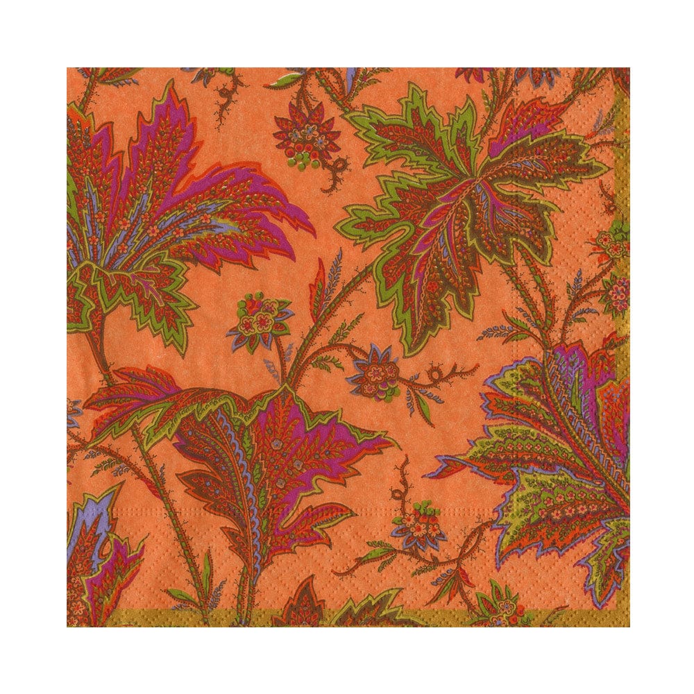 The Caspari Paisley Leaves Coral Collection features an orange square napkin adorned with green and purple leaves and red flowers—perfect for brightening your party supplies or adding flair to any table setting.