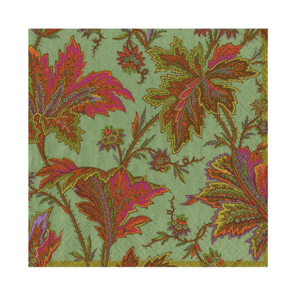 Add a pop of color to your table with Caspari’s Paisley Leaves Sage Green napkin, featuring a lively pattern of multicolored leaves and small florals—ideal for festive gatherings or refreshing your party supplies.