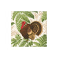 A realistic illustration of a brown turkey with a red head and green-beige ferns on white decorates the Caspari Turkey Among Ferns Partyware Collection, perfect for Thanksgiving celebrations.