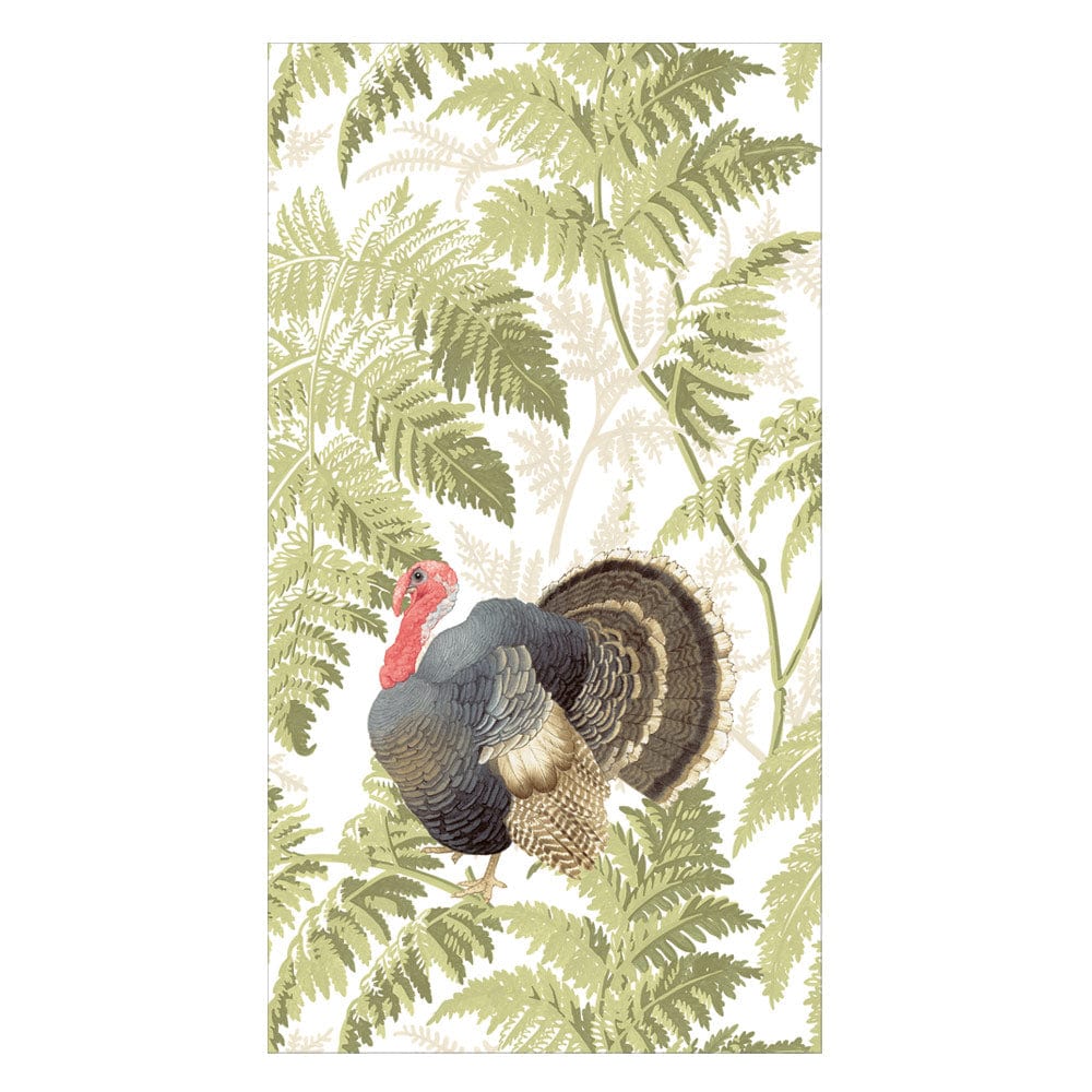 A turkey stands before green fern leaves on a white background, ideal for enhancing your Autumn table with the Caspari Turkey Among Ferns Partyware Collection.