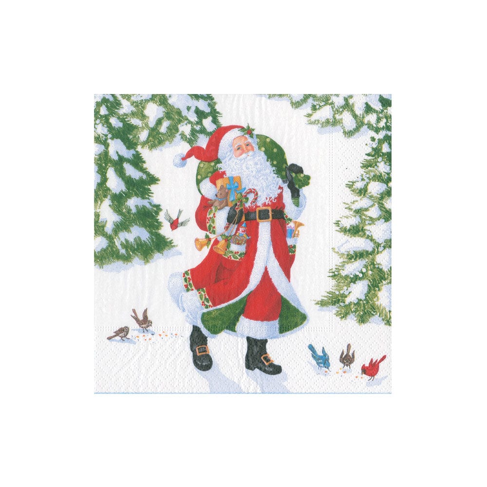 Featuring Caspari's Woodland Santa Collection, this design shows Santa walking in a snowy forest with a gift sack, birds, and evergreens—perfect for festive decorative paper plates or holiday-themed dinnerware.