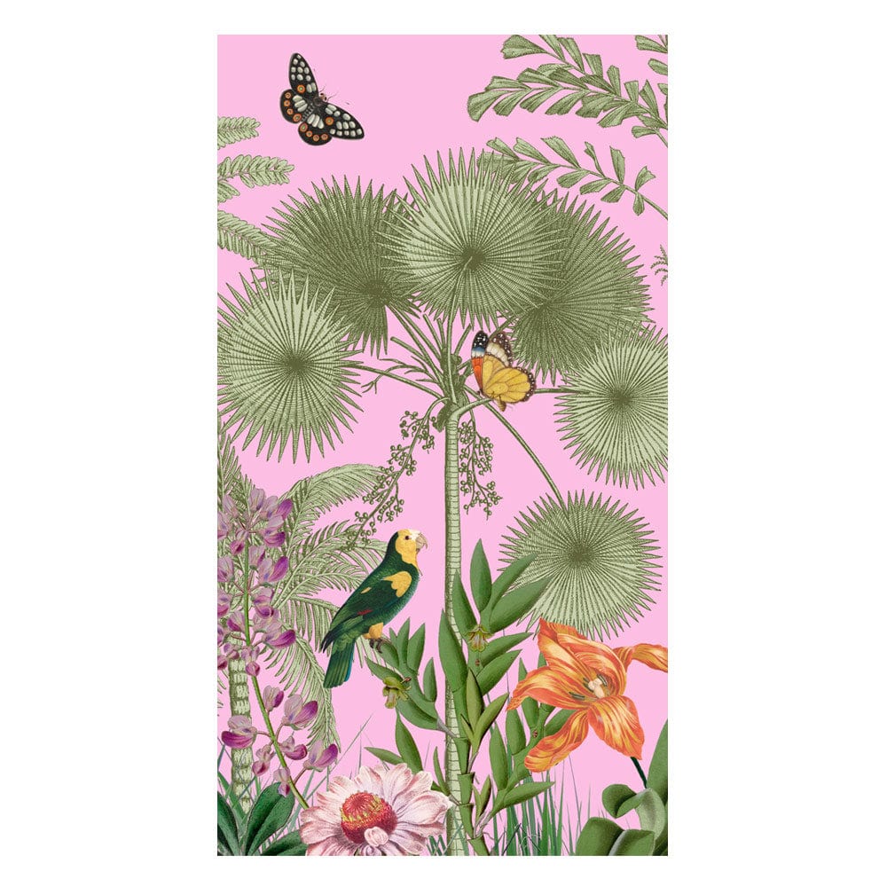 Illustration of tropical plants, a parrot, butterfly, and beetle on pink—ideal for Caspari’s Paradise Garden Napkin Collection or any vibrant tropical-themed setting.