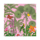 Illustration of tropical plants, green palm leaves, bright flowers, a yellow parrot, and colorful butterflies on pink—ideal for the Caspari Paradise Garden Napkin Collection or adding flair to any festive paper napkins set.