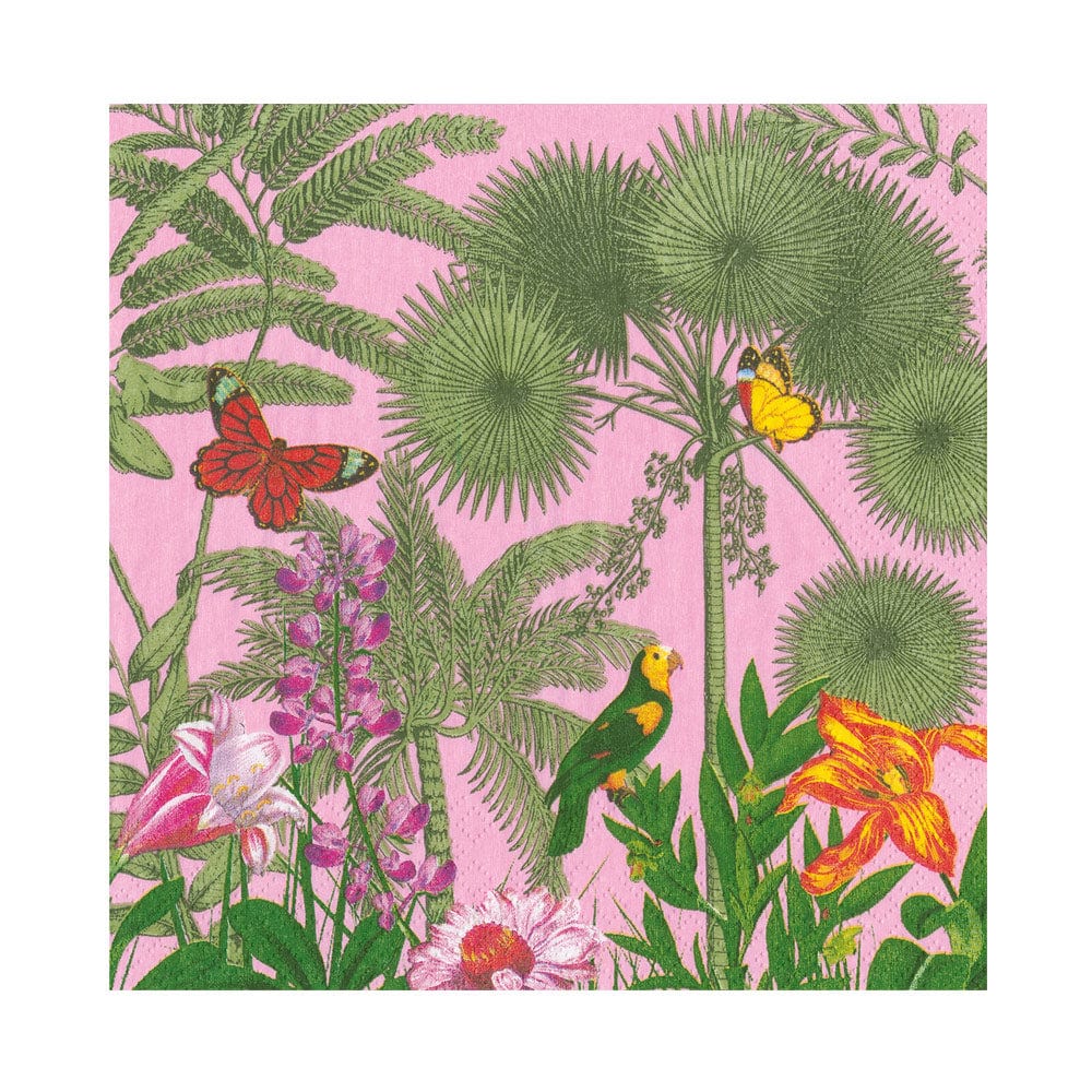 Illustration of tropical plants, green palm leaves, bright flowers, a yellow parrot, and colorful butterflies on pink—ideal for the Caspari Paradise Garden Napkin Collection or adding flair to any festive paper napkins set.