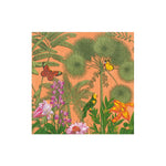 Vivid illustration of tropical plants, colorful flowers, butterflies, and a green parrot on orange—ideal for the Caspari Paradise Garden Napkin Collection.