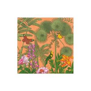 Vivid illustration of tropical plants, colorful flowers, butterflies, and a green parrot on orange—ideal for the Caspari Paradise Garden Napkin Collection.
