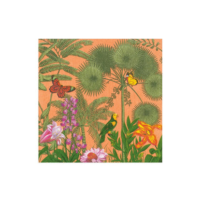 Vivid illustration of tropical plants, colorful flowers, butterflies, and a green parrot on orange—ideal for the Caspari Paradise Garden Napkin Collection.