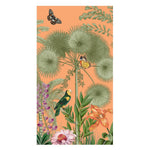 An illustration of tropical plants, flowers, a butterfly, a green and yellow parrot, and a bee on an orange background adorns Caspari's Paradise Garden Napkin Collection—perfect for brightening your table.