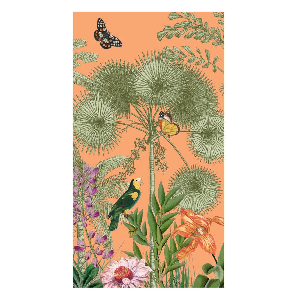 An illustration of tropical plants, flowers, a butterfly, a green and yellow parrot, and a bee on an orange background adorns Caspari's Paradise Garden Napkin Collection—perfect for brightening your table.