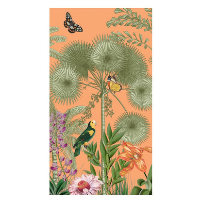 An illustration of tropical plants, flowers, a butterfly, a green and yellow parrot, and a bee on an orange background adorns Caspari's Paradise Garden Napkin Collection—perfect for brightening your table.