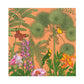 Colorful tropical plants, flowers, a green parrot, and two butterflies on an orange background—Caspari’s Paradise Garden Napkin Collection brings paradise to your table.