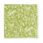 The Hedgerow Napkin Collection by Caspari features green triple-ply napkins with a white illustrated pattern of leaping rabbits, birds, butterflies, and flowers.