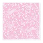 The Hedgerow Napkin Collection by Caspari features pink triple-ply napkins with a white floral pattern, including rabbits and birds. These biodegradable napkins combine eco-friendliness and charm for your table.