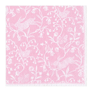 The Hedgerow Napkin Collection by Caspari features pink triple-ply napkins with a white floral pattern, including rabbits and birds. These biodegradable napkins combine eco-friendliness and charm for your table.