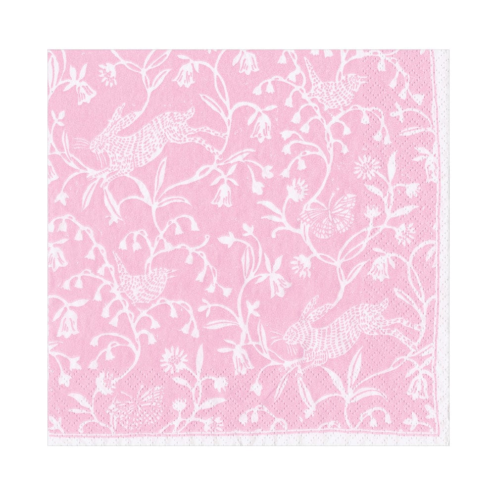 The Caspari Hedgerow Napkin Collection features pink triple-ply napkins with a white floral design of rabbits, birds, and butterflies. Stylish and practical, these napkins are also compostable.