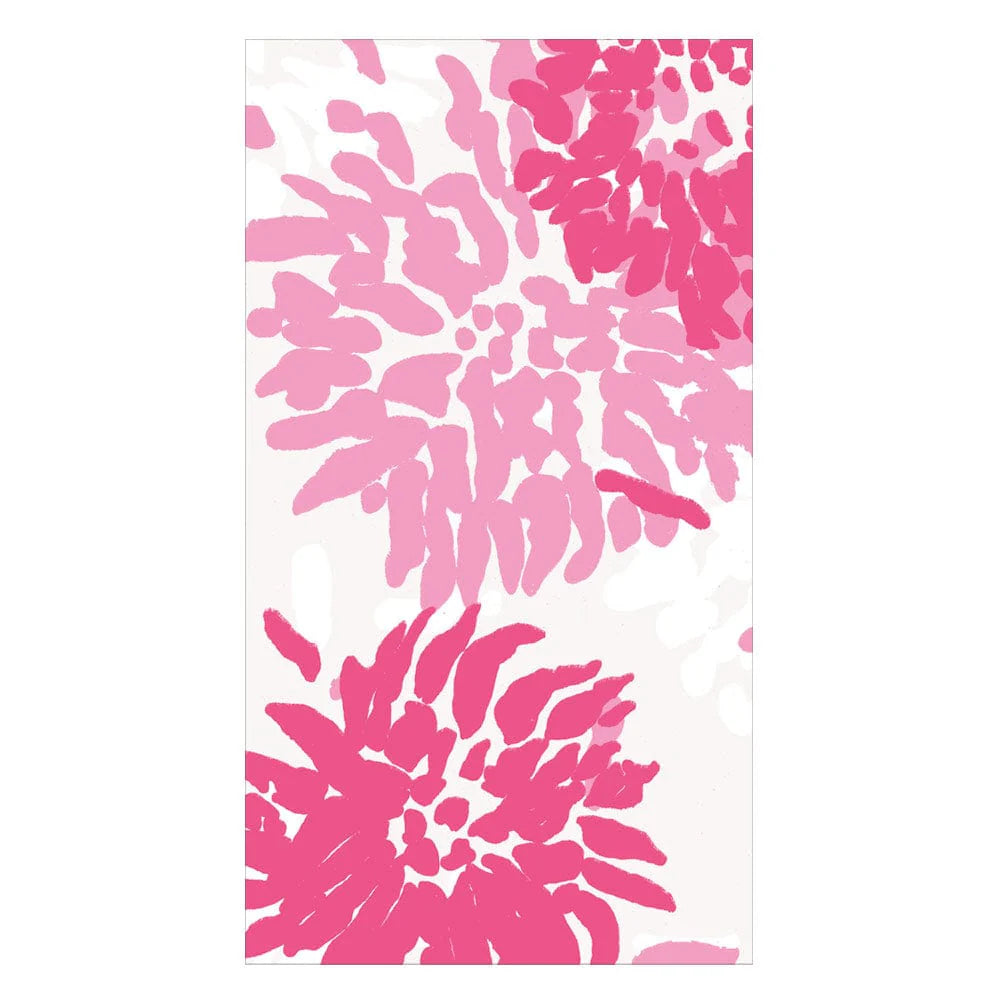 The Chrysanthemum Raspberry Collection napkins by Caspari feature a white rectangular surface with bold pink floral designs, bringing eco-friendly elegance and style to any table setting.
