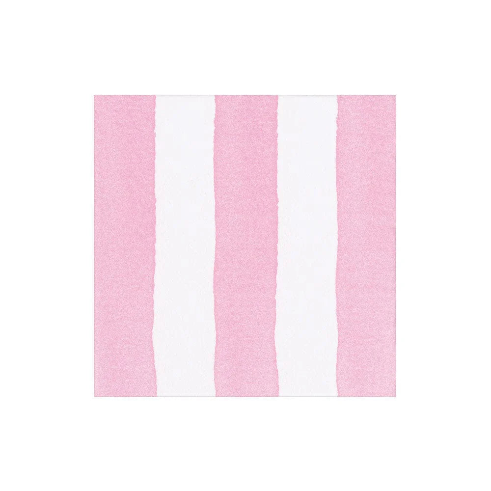 A square image with vertical pink and white stripes from the Cafe Stripe Collection by Caspari, inspired by eco-friendly napkins that bring color and sustainability to any occasion, shown on a plain white background.