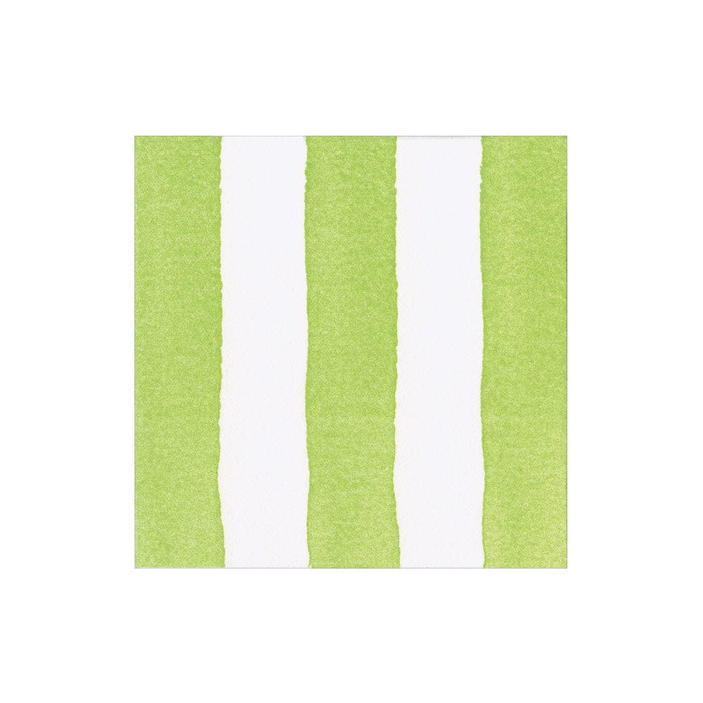 A square from Caspari's Cafe Stripe Collection features alternating vertical green and white stripes on a plain white background, evoking the look of chic, eco-friendly napkins.