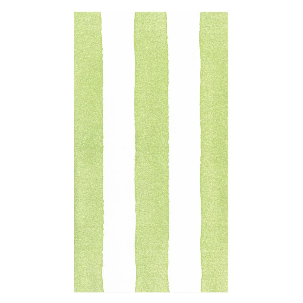 The Caspari Cafe Stripe Collection features eco-friendly napkins with vertical light green and white stripes and rough-edged green, adding a stylish, sustainable accent to any table setting.