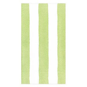 The Caspari Cafe Stripe Collection features eco-friendly napkins with vertical light green and white stripes and rough-edged green, adding a stylish, sustainable accent to any table setting.