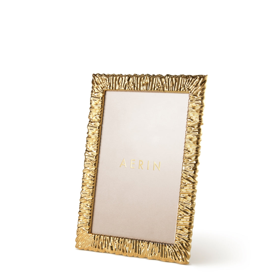 A gold, textured Ambroise Frame from Aerin stands upright on a white background, showcasing a placeholder insert labeled "AERIN" in gold text.