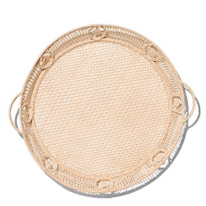 The Aerin Raffia Round Tray features two handles and decorative circular patterns, perfect for serving or displaying accessories in a coastal style. Shown on a white background.