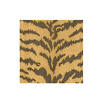 Caspari’s Tigre Collection features a square fabric sample with a gold background, bold brown tiger stripes, and a woven texture on white.