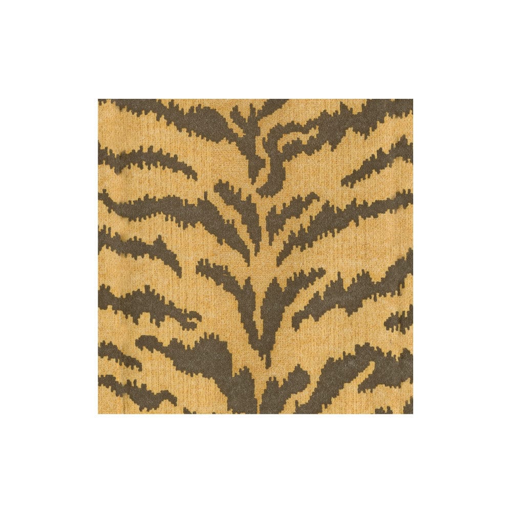 Caspari’s Tigre Collection features a square fabric sample with a gold background, bold brown tiger stripes, and a woven texture on white.