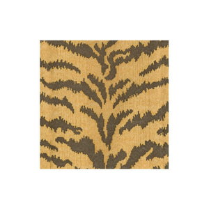 Caspari’s Tigre Collection features a square fabric sample with a gold background, bold brown tiger stripes, and a woven texture on white.