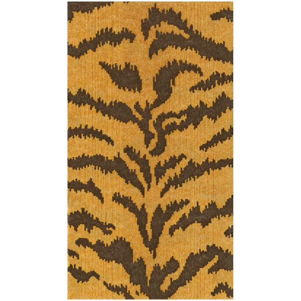 A close-up of textured fabric with gold and dark brown tiger stripes and vertical ridges resembles Caspari Tigre Collection paper linen napkins.