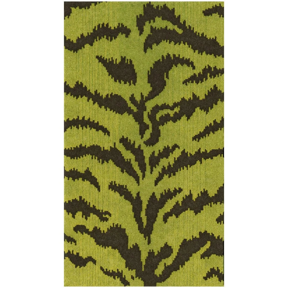 The Tigre Collection by Caspari features a rectangular green area rug with an abstract dark brown pattern, ideal for eco-friendly spaces.