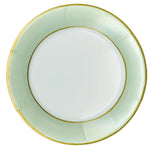 The Caspari Watercolor Paper Plate Collection features a round, pale green plate with gold rims on both the outer and inner edges, viewed from above on a white background—ideal for stylish, disposable dining.