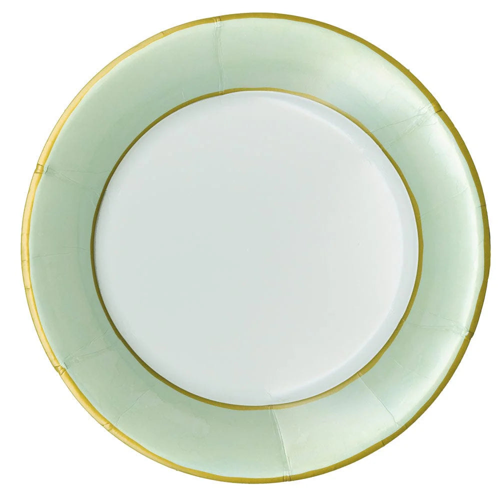 The Caspari Watercolor Paper Plate Collection features a round, pale green plate with gold rims on both the outer and inner edges, viewed from above on a white background—ideal for stylish, disposable dining.