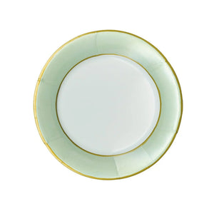 The Caspari Watercolor Paper Plate Collection features round ceramic plates with a pale green border and thin gold rim, evoking elegant disposable dinnerware, set against a white background.