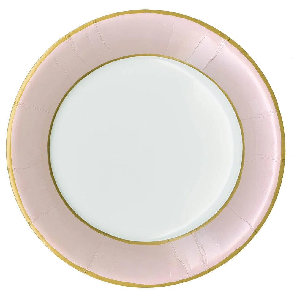 The Caspari Watercolor Paper Plate Collection features round plates with a white center, light pink border, and gold-trimmed edges—an elegant disposable dinnerware choice for any occasion.