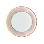 A round white plate from Caspari’s Watercolor Paper Plate Collection features a wide pink border and a thin gold rim—an elegant disposable dinnerware option.
