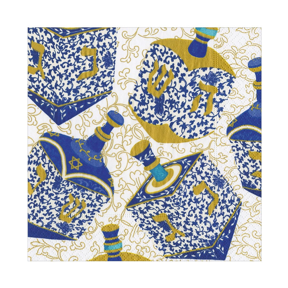 The Patterned Dreidel Collection by Caspari features blue and gold dreidels adorned with Hebrew letters and star motifs, beautifully arranged on a white background with swirling gold patterns—creating a charming Hanukkah scene that’s perfect for holiday gifts or any festive celebration.