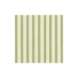 Square fabric swatch from the Caspari Melograno Collection, featuring evenly repeating vertical green and off-white stripes on a plain white background, evoking the fresh, clean look of premium paper linen napkins.