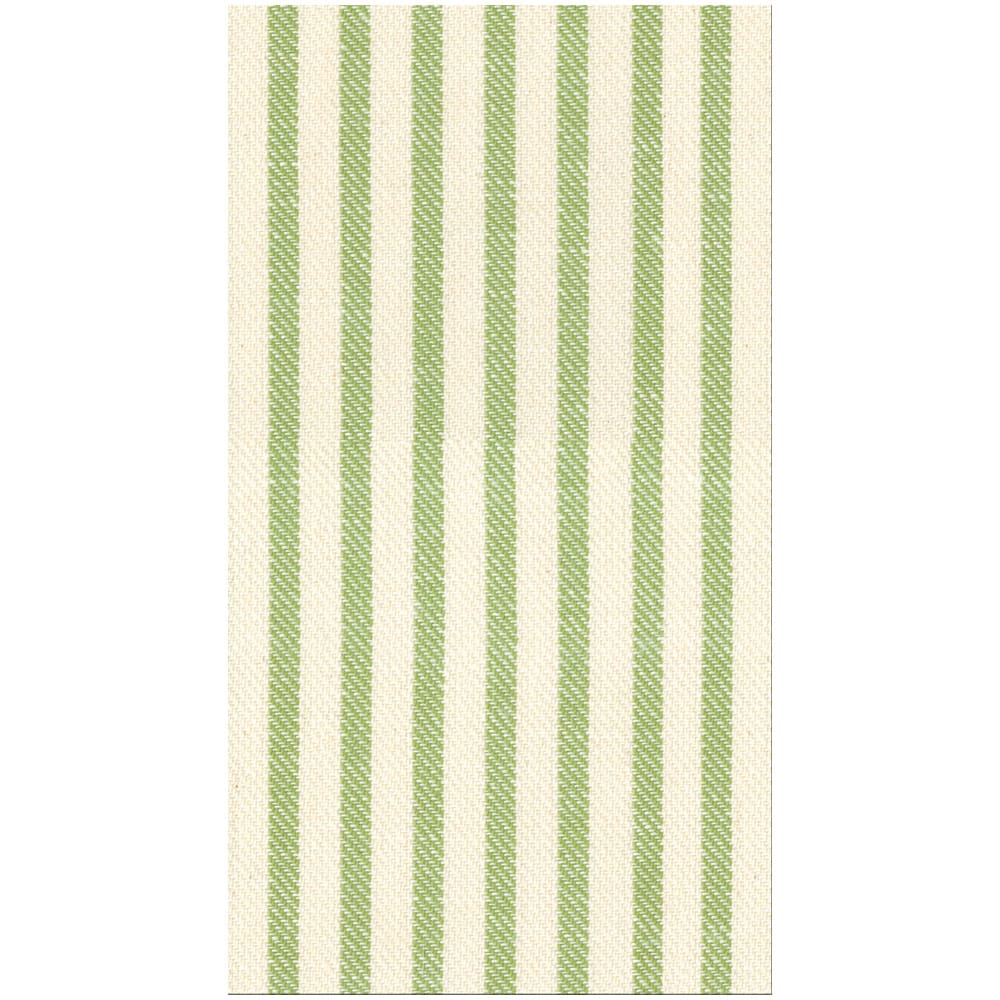The Melograno Collection compostable napkins by Caspari feature a rectangular white cloth design with evenly spaced vertical green stripes running parallel to the longer sides, making them an eco-friendly and stylish addition to any table setting.