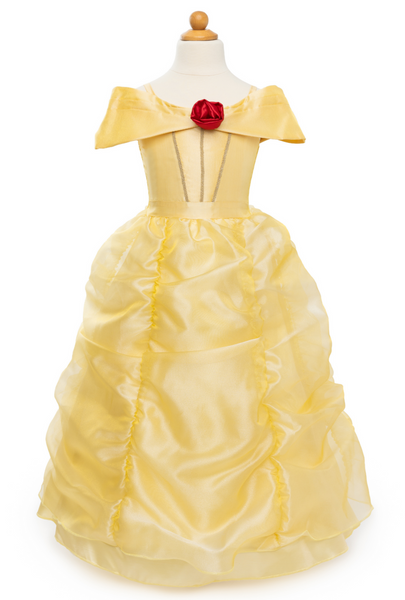 Great Pretenders Boutique Princess Gown with a red rose embellishment on a mannequin, isolated on a white background.