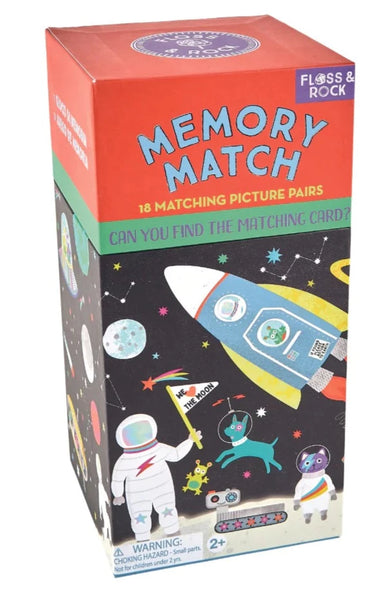 A colorful box for "Floss and Rock Space Memory Match" featuring space-themed graphics including an astronaut, planets, and a rocket. Suitable for ages 2+.