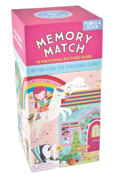 A colorful box for a Floss and Rock Rainbow Fairy Memory Match featuring Rainbow Fairy design illustrations of a unicorn, rainbow, and a girl, designed for children aged 3 and up.