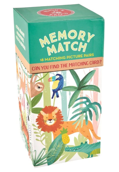 A box of Floss & Rock Memory Match game featuring 18 matching picture pairs with jungle creatures illustrations, including a lion and a sloth among tropical plants, designed to enhance cognitive skills.