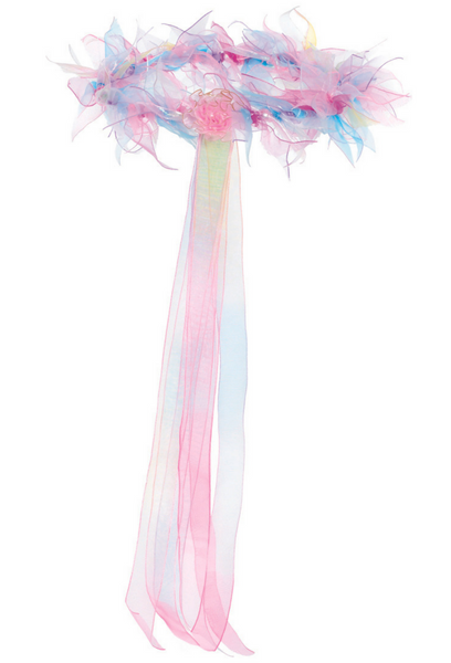 A Great Pretenders Rainbow Halo adorned with organza ribbon and feathers.