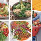 Collage featuring vibrant gluten-free salads with a variety of toppings and a woman in a gray dress holding a basket of apples at a market, highlighting fresh recipes from “Every Salad Ever” by Penguin Random House—perfect for every palate.