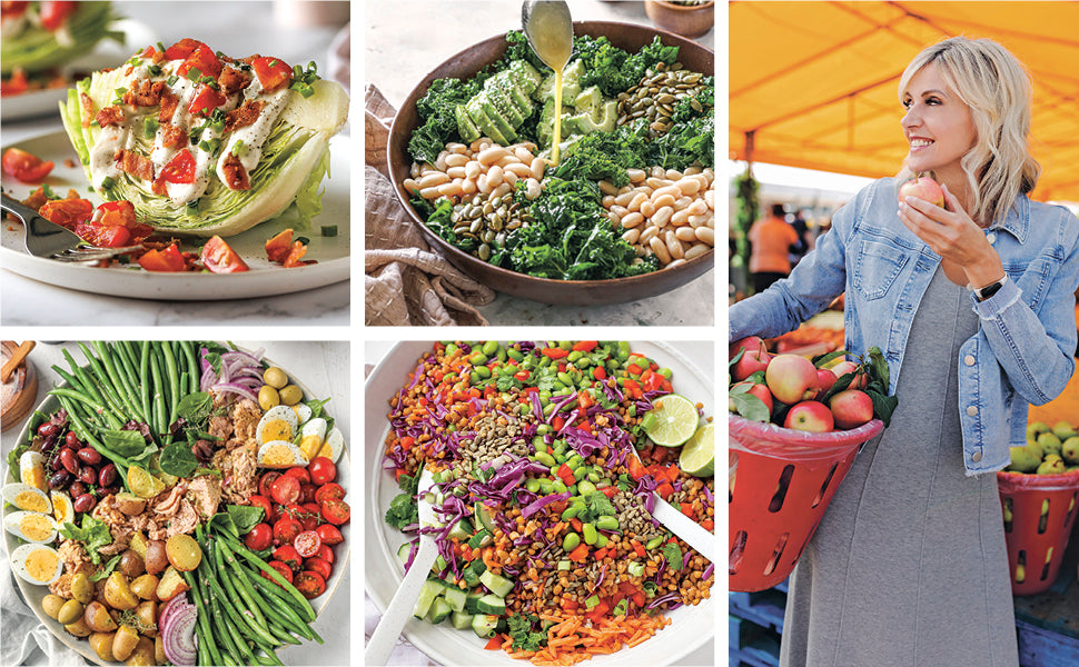 Collage featuring vibrant gluten-free salads with a variety of toppings and a woman in a gray dress holding a basket of apples at a market, highlighting fresh recipes from “Every Salad Ever” by Penguin Random House—perfect for every palate.