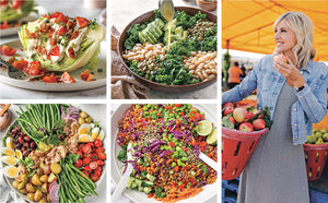 Collage featuring vibrant gluten-free salads with a variety of toppings and a woman in a gray dress holding a basket of apples at a market, highlighting fresh recipes from “Every Salad Ever” by Penguin Random House—perfect for every palate.